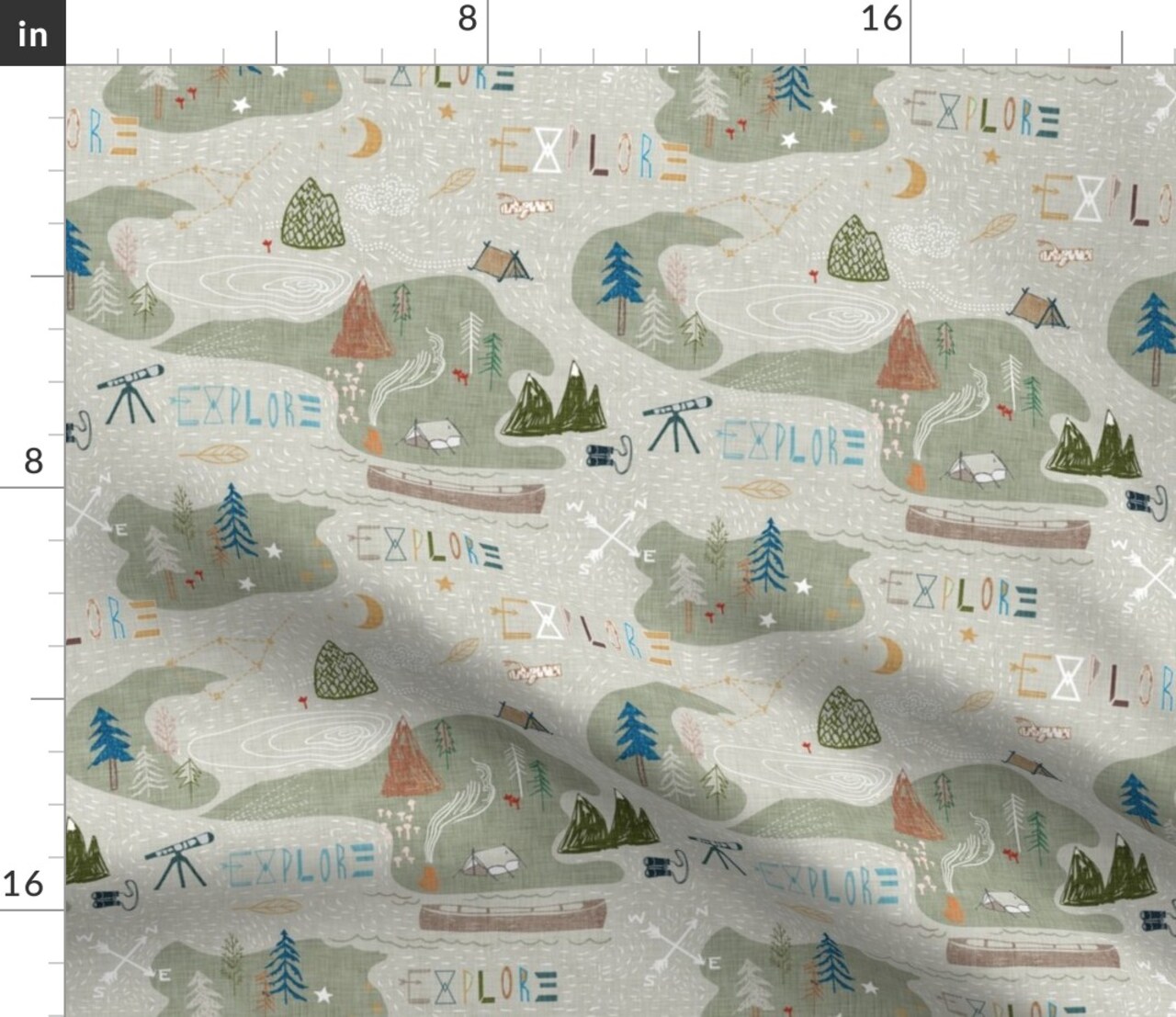 Explore Sage Mountain Map Camping Hiking Outdoors Lake Tent Fire Forest Woods Custom Printed Fabric by Spoonflower Various Fabrics by the Yard or Fat Quarter